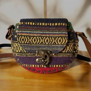 Multicolor Persian Bohemian Crossbody Bag With Unique Trendy Brass Swing Latch